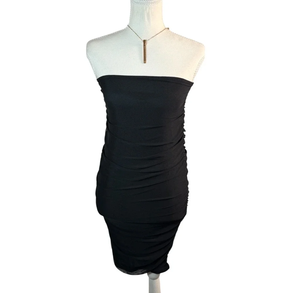 Day & Night Strapless Dress‎ Womens Small Black Ruched Bodycon Mini Mesh